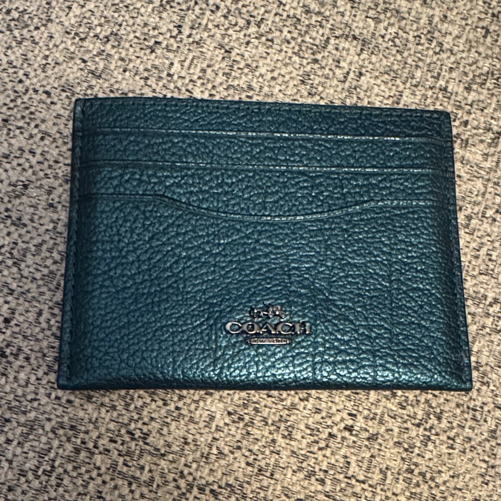 EUC Coach Metallic Flat Card Case in Metallic Mineral (dark teal) style# 59462